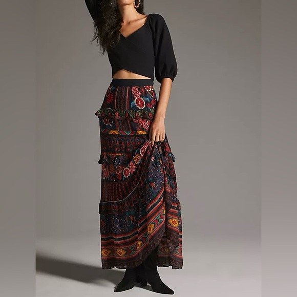 Farm Rio Garden Print Tiered Maxi Skirt, Size S - Picture 2 of 12